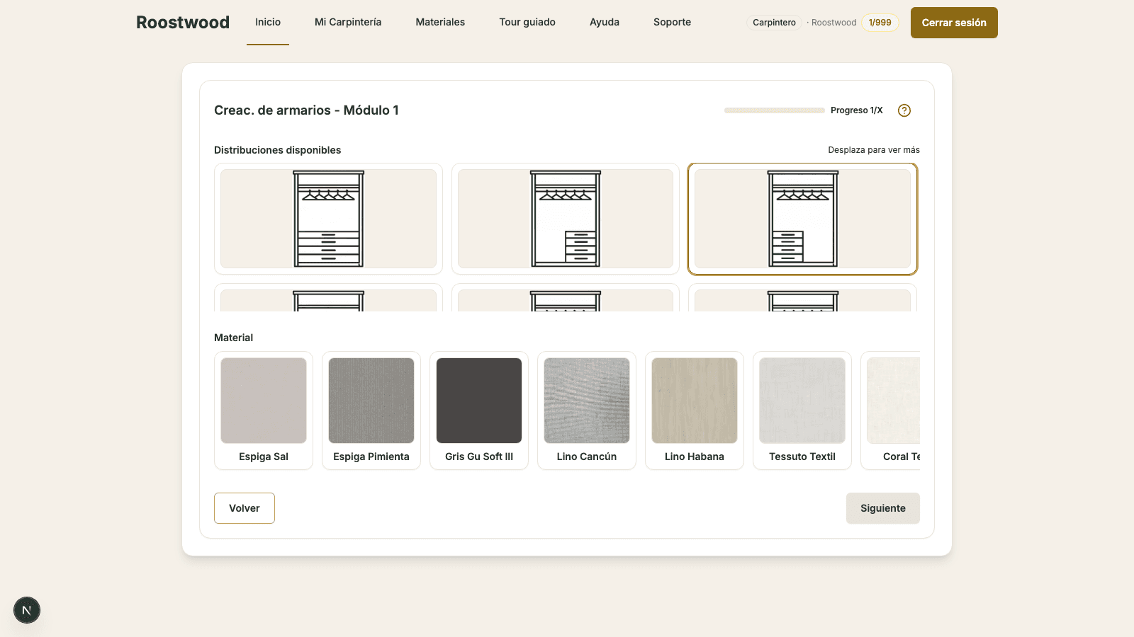Grilla de Distribuciones disponibles con un layout con cajonera seleccionado en dorado y el carrusel de Material debajo mostrando Espiga Sal, Espiga Pimienta, Gris Gu Soft III, Lino Cancún y otras opciones