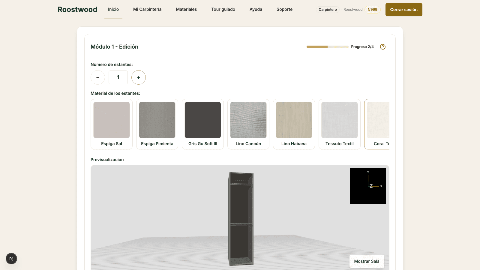 Selector de distribución con un layout seleccionado y el carrusel de materiales del módulo