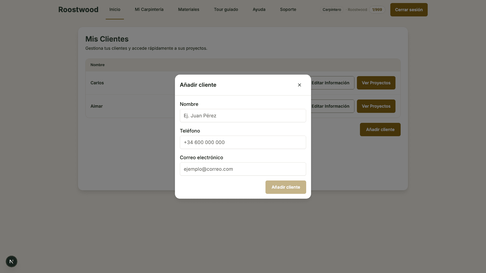 Modal Añadir cliente vacío con los campos Nombre, Teléfono y Correo electrónico