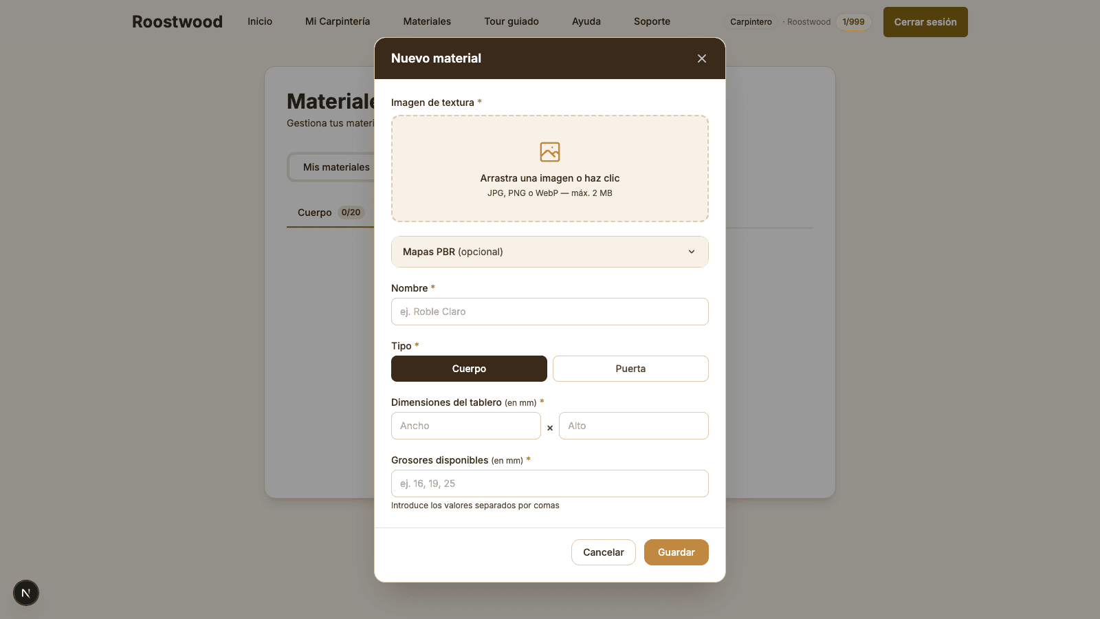 Formulario de crear nuevo material con campos para Nombre, Tipo, Imagen y editor de Grosores y Precios
