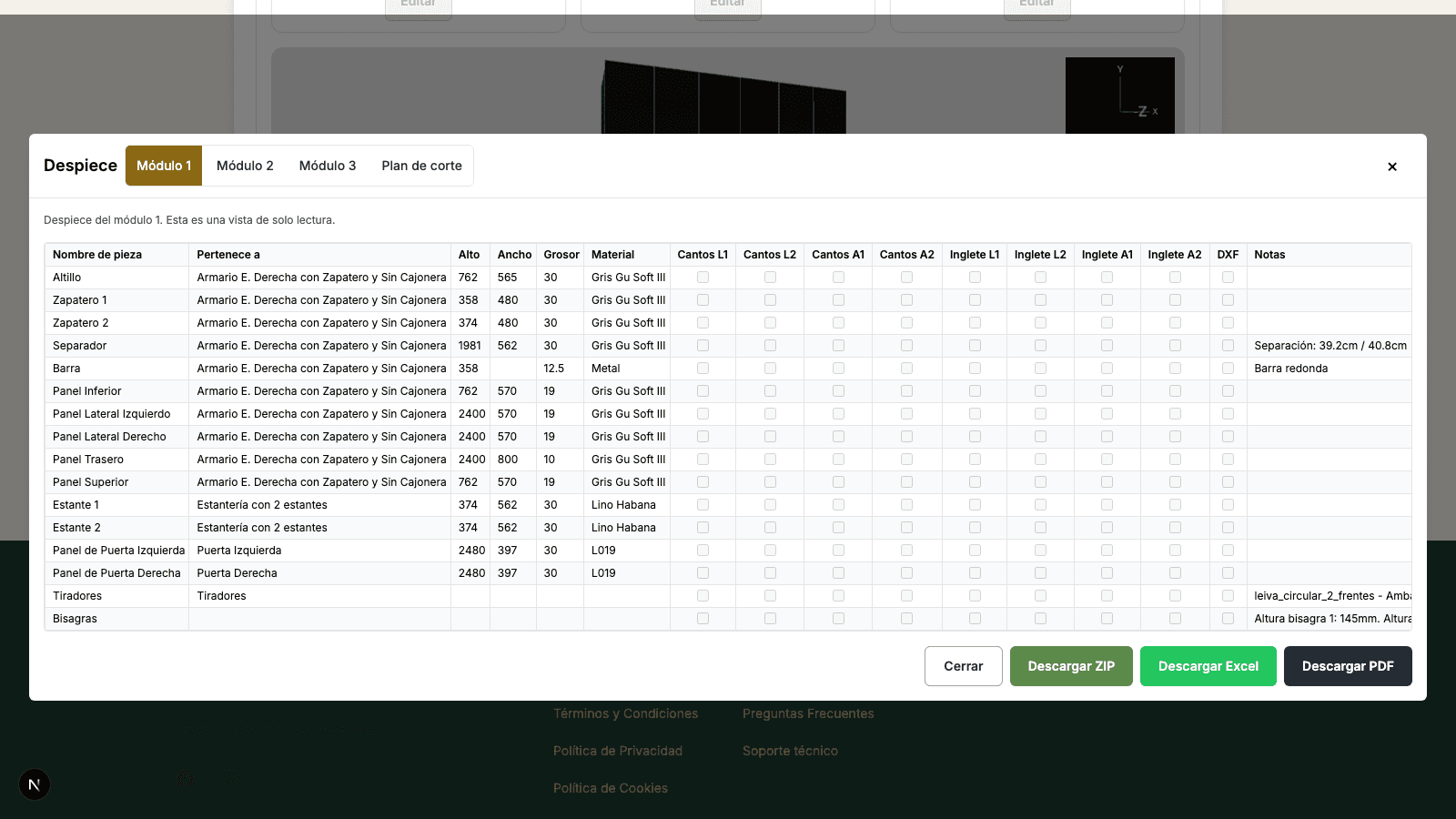Modal Despiece con la tabla de piezas mostrando columnas Nombre de pieza, Pertenece a, Grosor, Ancho, Alto, Cantos, Ingletes y Notas, con botones Descargar ZIP, Descargar Excel y Descargar PDF abajo